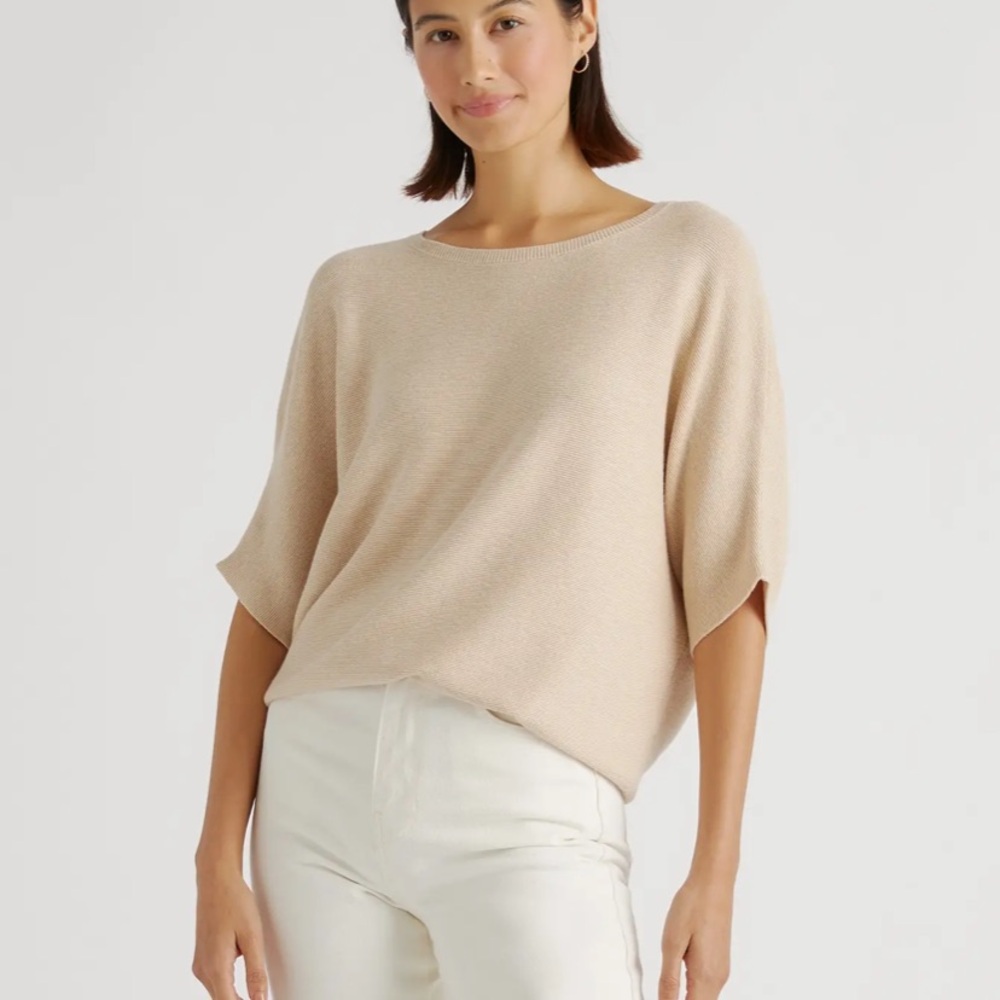 Quince Lightweight Cotton Cashmere Link-Stitch Dolman Sweater Heather Oatmeal